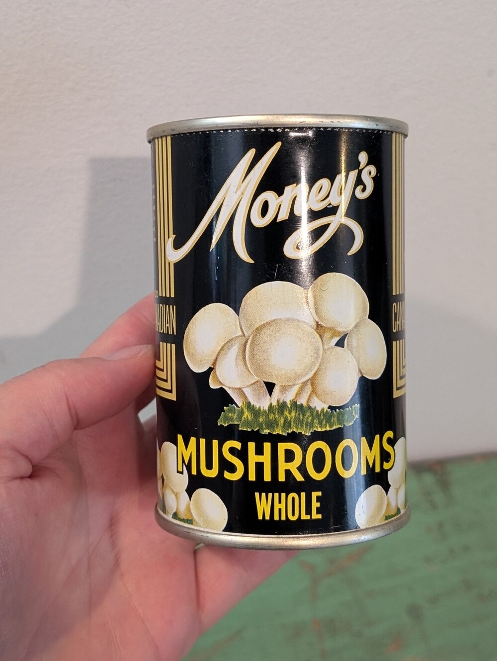 Vintage Money's Mushrooms Whole Mushrooms Advertising Tin - No Top - Display!
